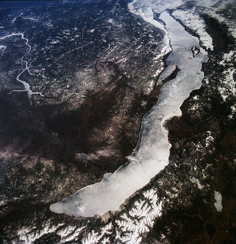 Frozen Lake Baikal from space; Corbis.com